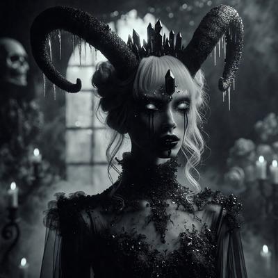 The primary subject of the image is a woman wearing a costume with horns and a crown. She is standing in front of a window, which serves as the setting for the scene. The visual style of the image is a black and white photo, giving it a classic and dramatic appearance. The woman's costume and the overall atmosphere create a mood of mystery and intrigue.